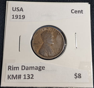 USA 1919 Cent KM# 132 Rim Damage #0184 #32B