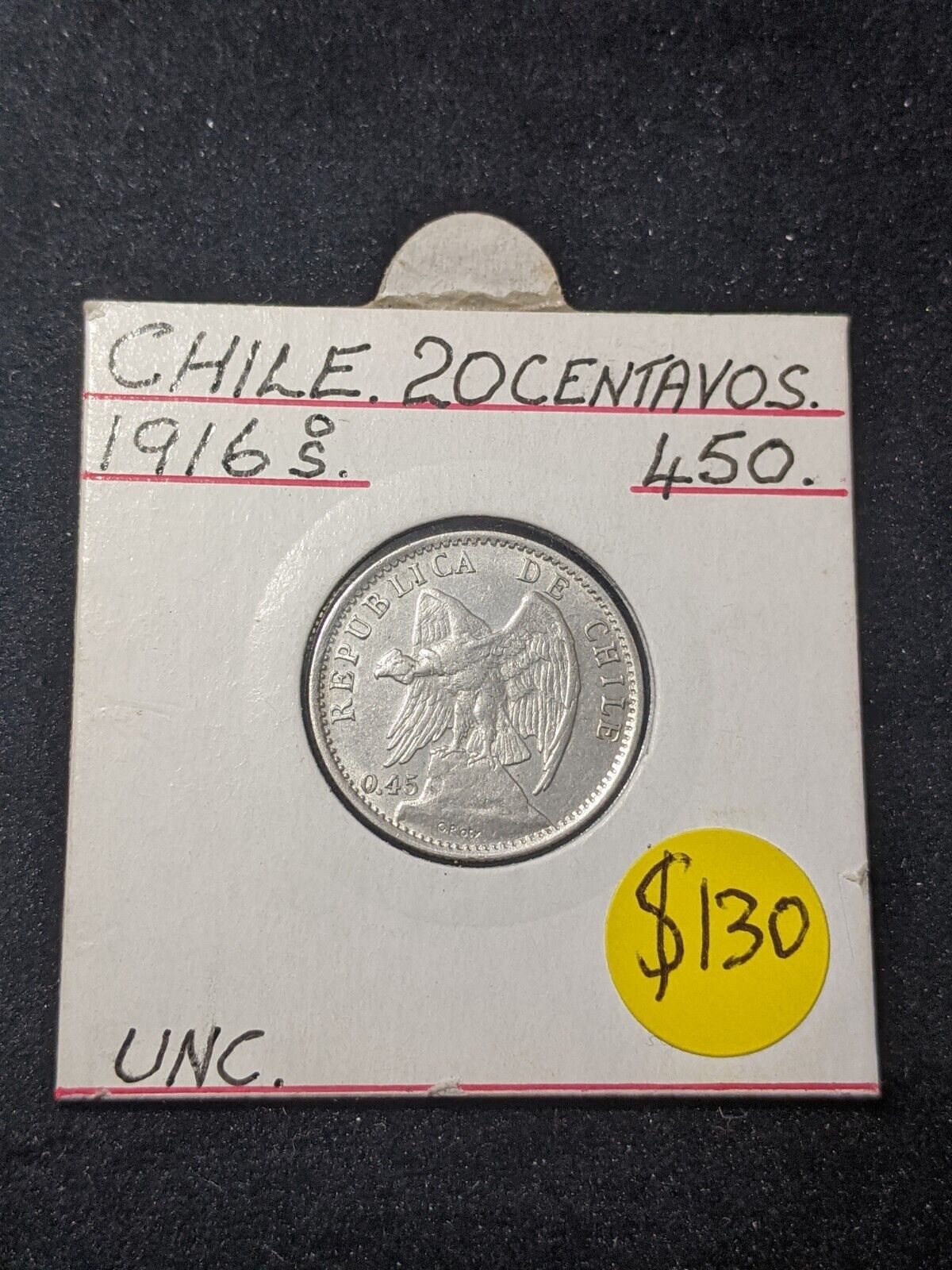 Chile 1916 20 Centavos KM# 151.4