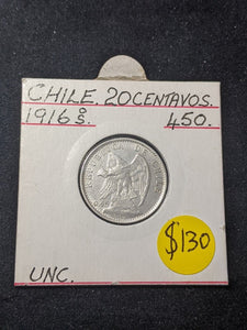 Chile 1916 20 Centavos KM# 151.4