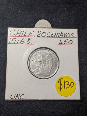 Chile 1916 20 Centavos KM# 151.4