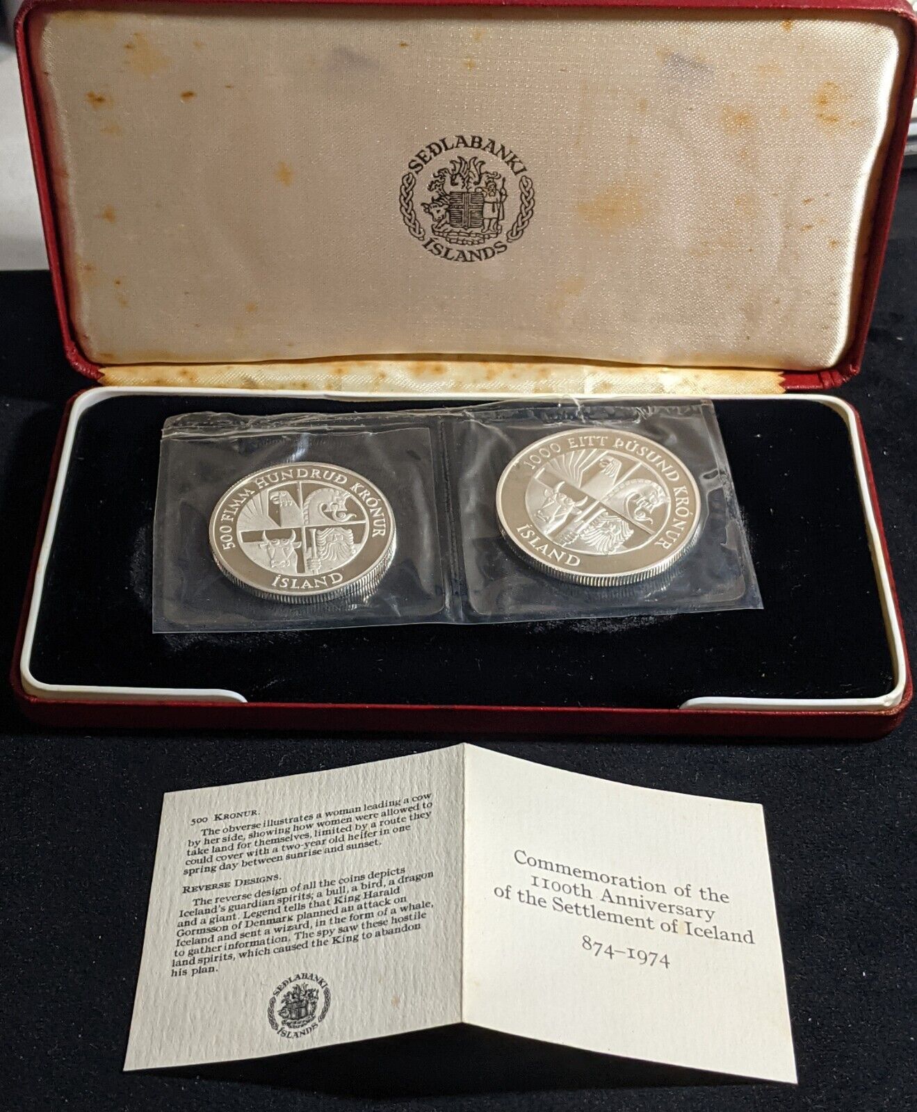 874-1974 Iceland 2 x Silver Proof Coins 500 And 1000 Kronur #2048