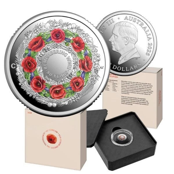 2025 $2 80 Years On: Remembering the Second World War Poppy Wreath 'C' Mintmark Coloured Fine Silver Proof