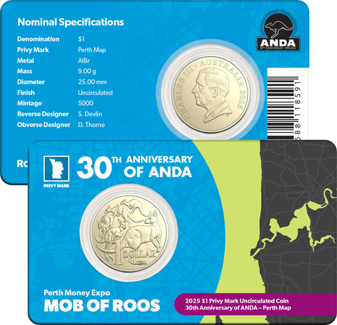 Perth ANDA Money Expo 2025 - 2025 $1 Mob of Roos with Perth Map Privy Mark