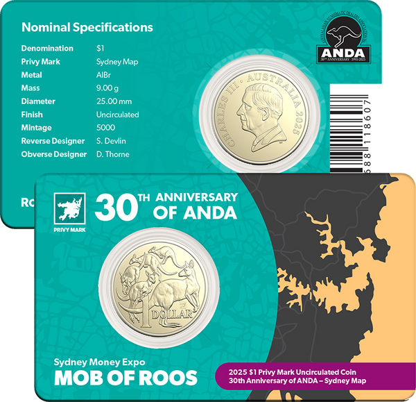 2025 $1 Mob of Roos with Sydney Map Privy Mark - Sydney ANDA Money Expo