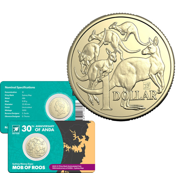 2025 $1 Mob of Roos with Sydney Map Privy Mark - Sydney ANDA Money Expo