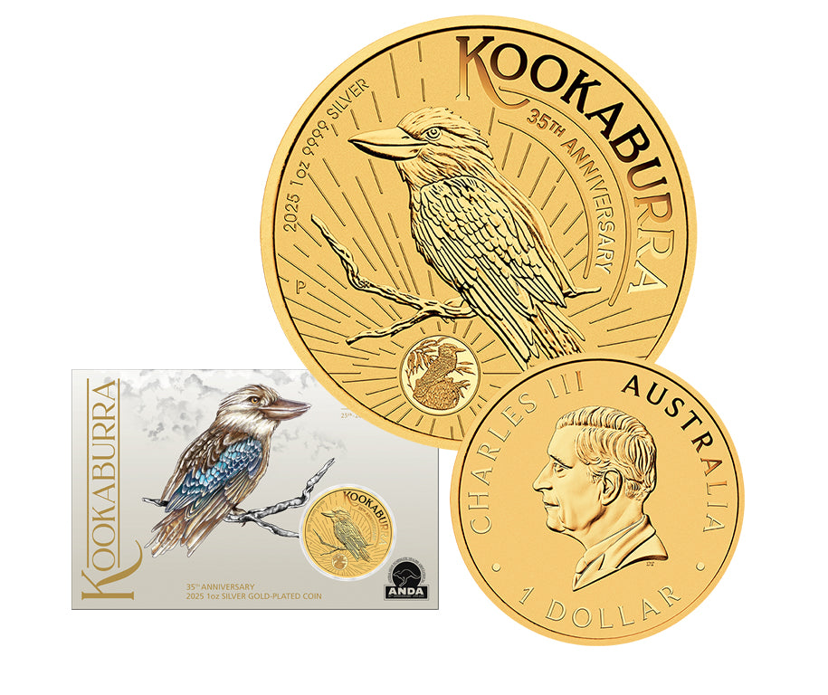 35th Anniversary of the Australian Kookaburra 2025 1oz Silver Gold-Plated Coin in Card -ANDA Sydney Money Expo 25
