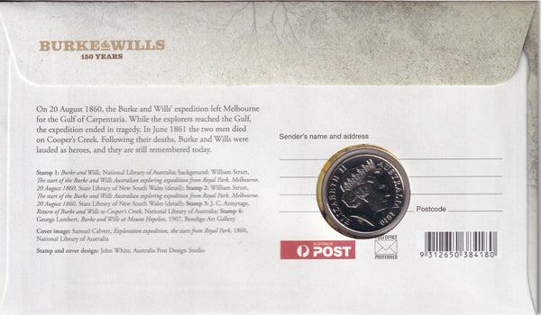 2010 Burke and Wills 20c Stamp and Coin Cover PNC