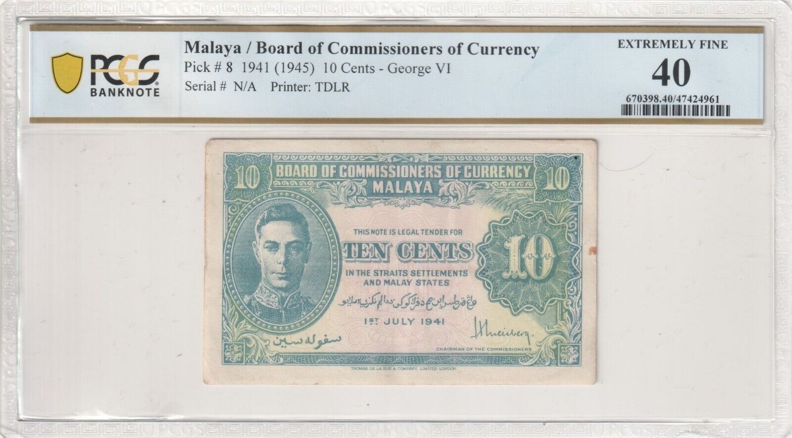 Malaya 1941 (1945) 10 Cents PCGS EF 40 EXTREMELY FINE George VI Pick# 8
