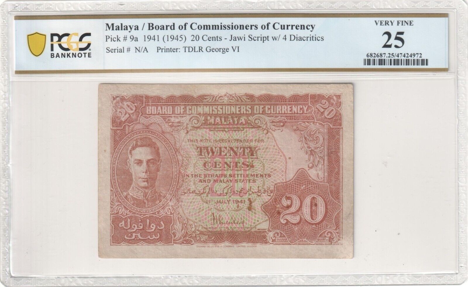 Malaya 1941 (1945) 20 Cents PCGS VF 25 Jawi Script with 4 Diacritics Pick# 9a