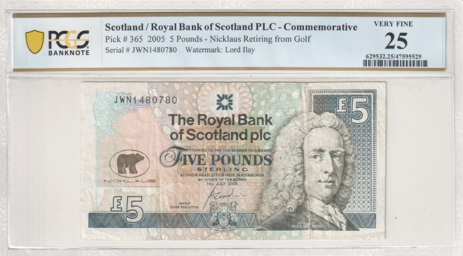 Scotland 2005 £5 PLC PCGS VF 25 Very Fine Nicklaus Retiring from Golf Pick# 365