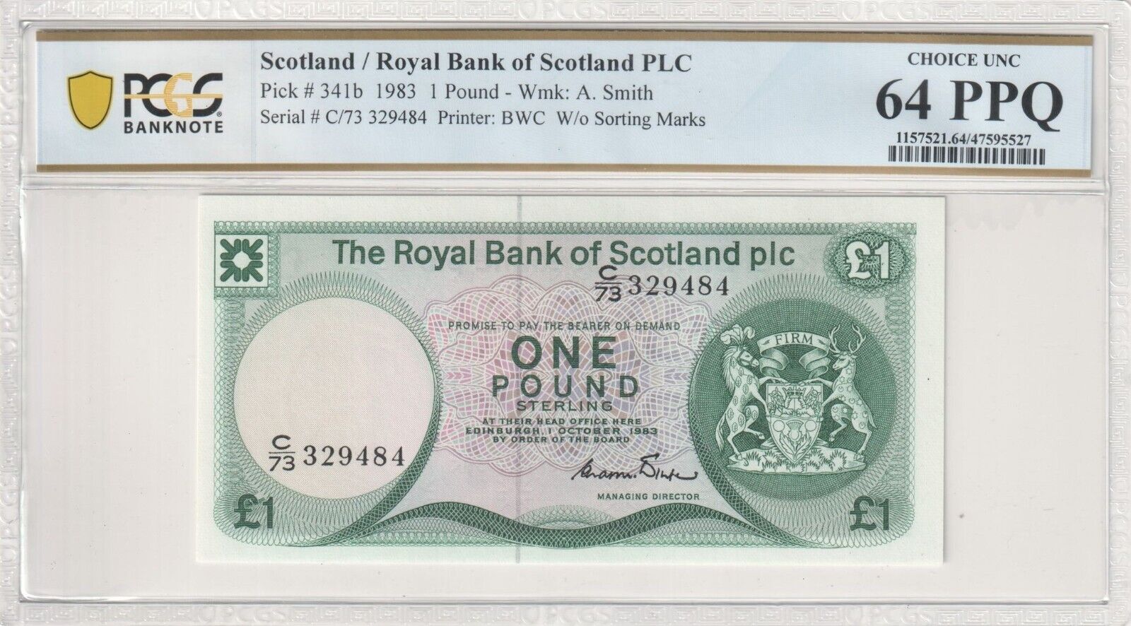 Scotland 1983 £1  PLC PCGS Choice UNC 64 PPQ w/o Sorting Marks Pick# 341b