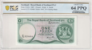 Scotland 1983 £1  PLC PCGS Choice UNC 64 PPQ w/o Sorting Marks Pick# 341b