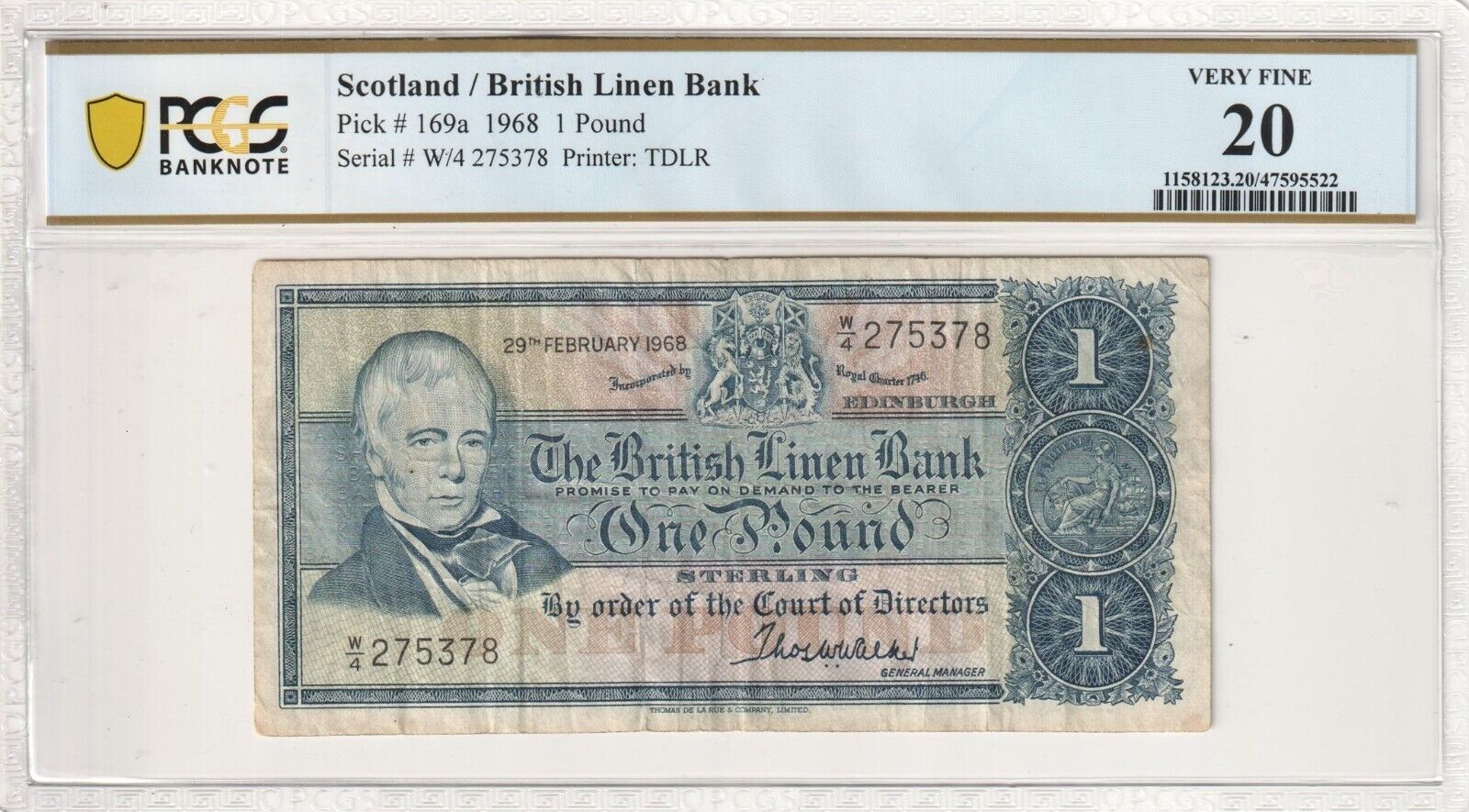 Scotland 1968 Pound £1 British Linen Bank PCGS VF 20 VERY FINE Pick# 169a #3925