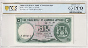 Scotland 1972 £1 Royal Bank of Scotland Ltd PCGS Choice UNC 63 PPQ Pick# 336a