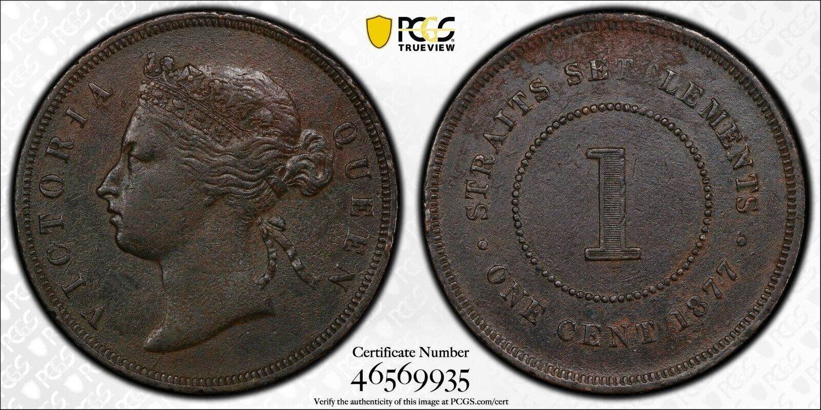 Straits Settlements 1877 One Cent 1C Prid-170 KM#9 PCGS Envir. Damage-AU Detail