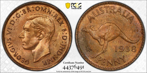 1938 m One Penny 1d Australia PCGS MS63BN CHOICE UNC #3895