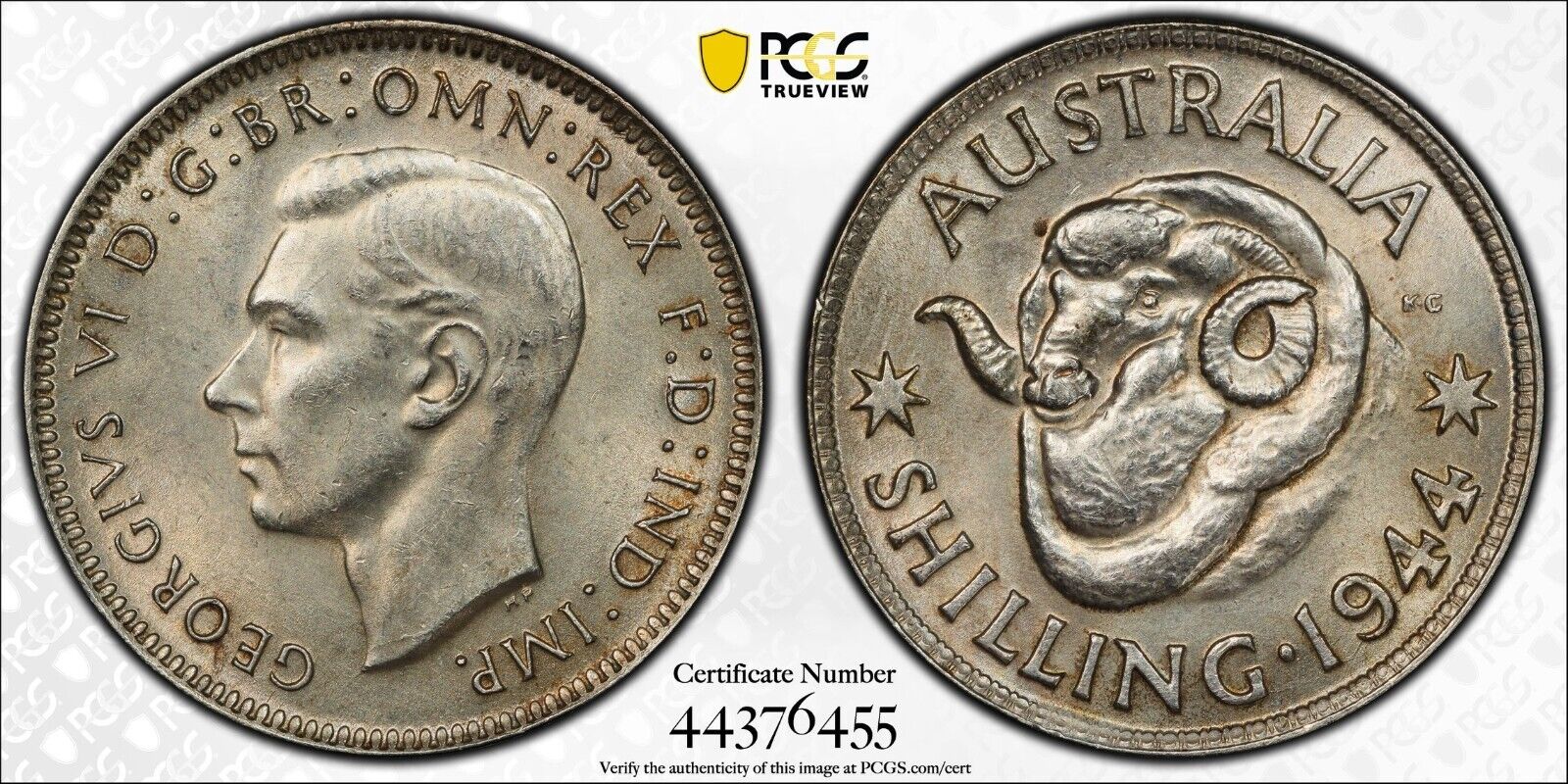 1944 m Shilling 1/- Australia PCGS MS62 UNC #3897