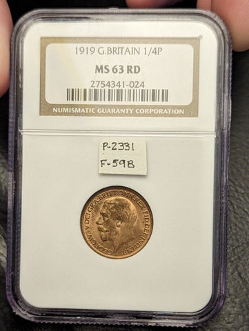 Great Britain 1919 Farthing 1/4d KM# 808.2 Sp#4060 NGC MS63RD CHOICE UNC #3902
