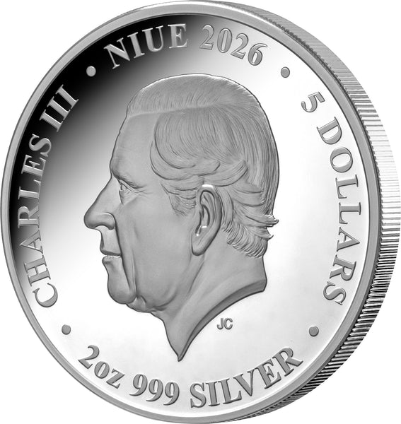 Nature's Window Majestic Owl 2026 $5 2oz Silver Proof Coin - obverse featuring King Charles III effigy