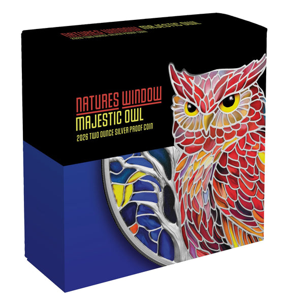 Nature's Window Majestic Owl 2026 $5 2oz Silver Proof Coin - timber presentation case outer