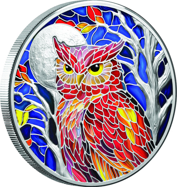 Nature's Window Majestic Owl 2026 $5 2oz Silver Proof Coin - reverse left view showing vivid stained-glass owl design