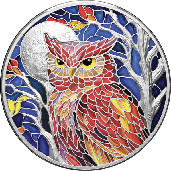 Nature's Window Majestic Owl 2026 $5 2oz Silver Proof Coin - full reverse showing full-colour owl against moonlit forest