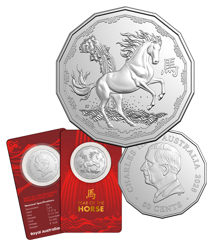 Lunar Series Year of the Horse 2026 50c Tetradecagon Unc Coin Card