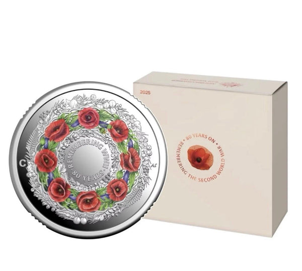 2025 $2 80 Years On: Remembering the Second World War Poppy Wreath 'C' Mintmark Coloured Fine Silver Proof
