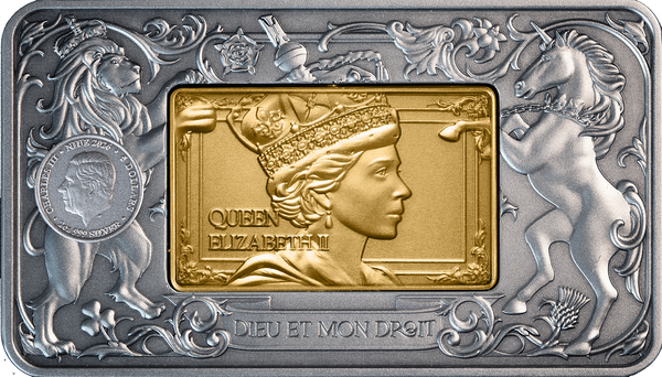 Elizabeth II & Charles III 2026 $5 Revolving Rectangle Gold-plated 2oz Silver Antique Coin