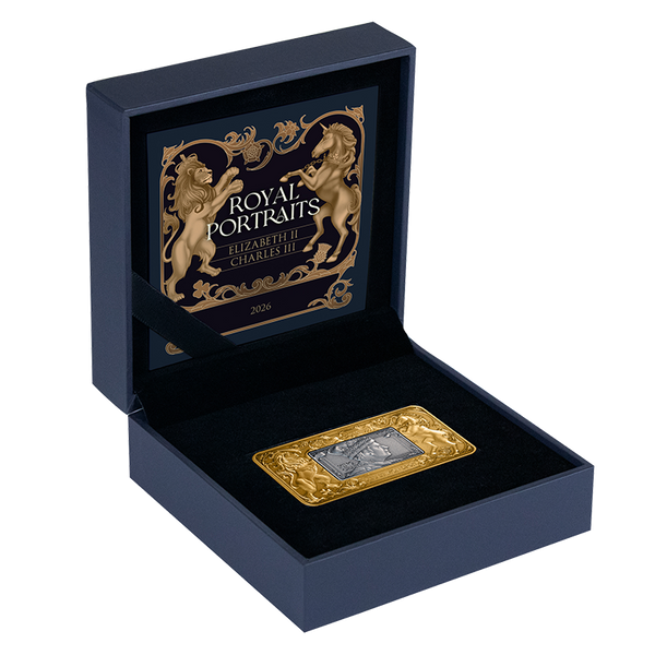 Elizabeth II & Charles III 2026 $5 Revolving Rectangle Gold-plated 2oz Silver Antique Coin