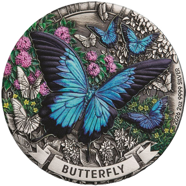 Australia Butterfly 2026 $2 Colour 2oz Silver Antique Coin