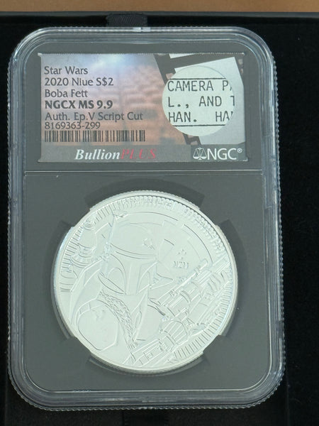 2020 $2 NIUE SILVER STAR WARS BOBA FETT NGC MS9.9 BULLION PLUS FILM SERIES 1 OZ