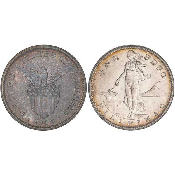 U.S. Phillipines 1909 S Peso ANACS AU 58 toned