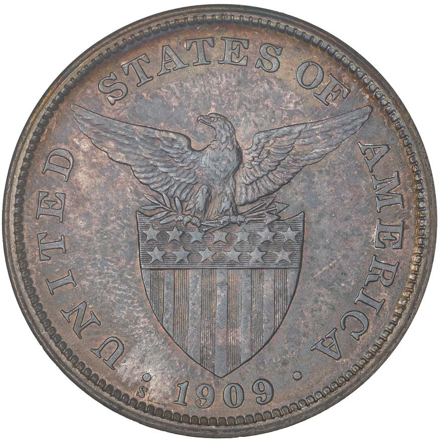 U.S. Phillipines 1909 S Peso ANACS AU 58 toned