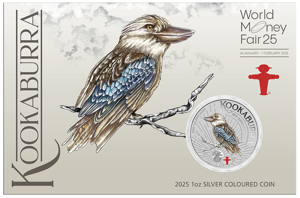 World Money Fair - Coin Show Special Australian Kookaburra 2025 1oz Silver Coloured Coin in Card