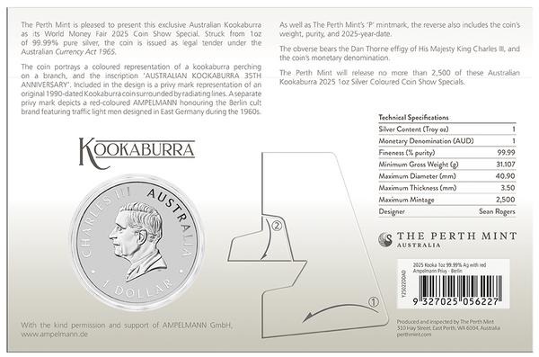 World Money Fair - Coin Show Special Australian Kookaburra 2025 1oz Silver Coloured Coin in Card