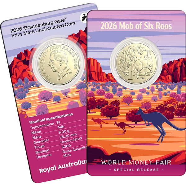 2026 WMF $1 MOB of Roos - World Money Fair Brandenburg Gate Privy Mark Uncirculated Coin