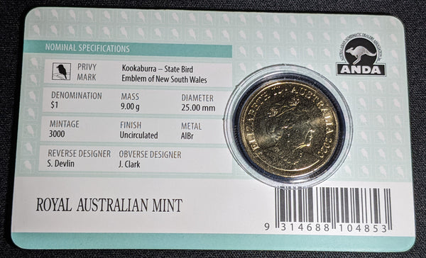 2020 Kangaroo Privy mark New South Wales Kookaburra ($1) One Dollar Australian Decimal Coin ANDA Sydney Coin Show Issue