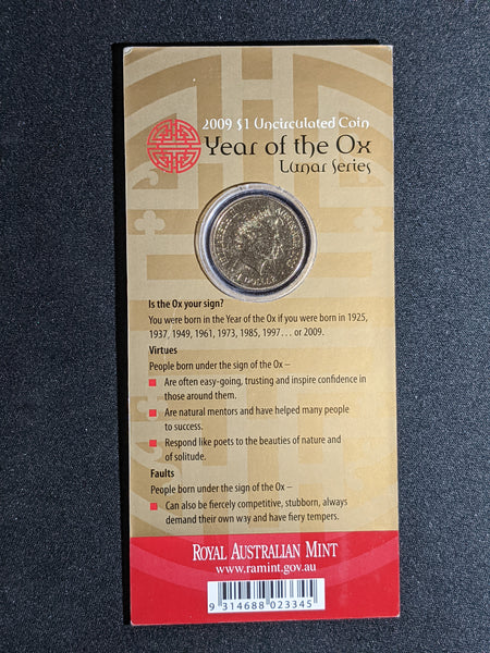 2009 One Dollar Carded Unc Coin RAM Lunar Year of the Ox