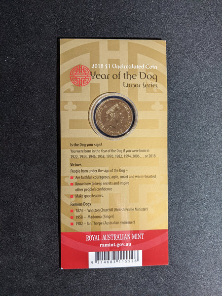 2018 One Dollar Carded Unc Coin RAM Lunar Year of the Dog