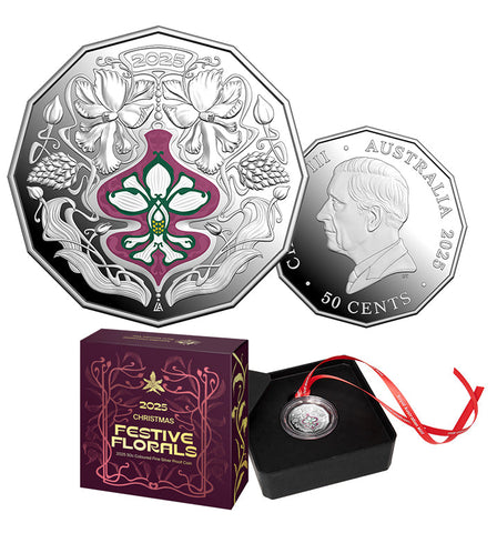 Christmas Festive Florals 2025 50c Coloured Fine Silver Proof Coin