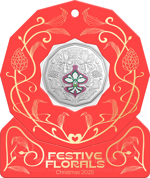 Christmas Festive Florals 2025 50c Coloured Unc Coin Card (Set of 5)
