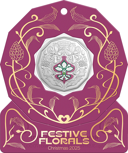 Christmas Festive Florals 2025 50c Coloured Unc Coin Card (Set of 5)