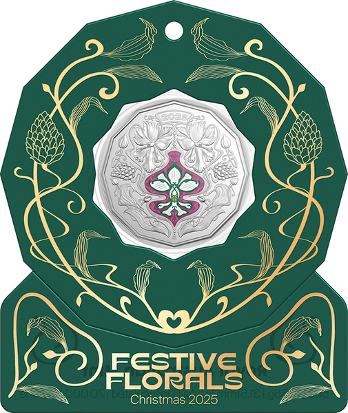 Christmas Festive Florals 2025 50c Coloured Unc Coin Card (Set of 5)