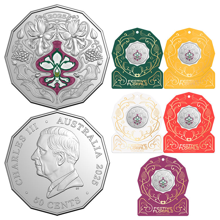 Christmas Festive Florals 2025 50c Coloured Unc Coin Card (Set of 5)