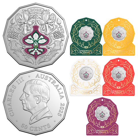 Christmas Festive Florals 2025 50c Coloured Unc Coin Card (Set of 5)