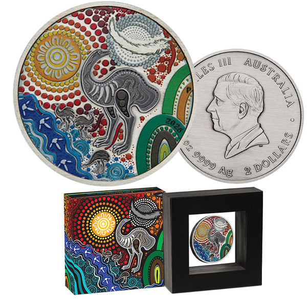 Emu Utingat 2025 2oz Silver Antiqued Coloured Coin