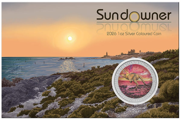 Sundowner Red Kangaroo 2026 $1 1oz Silver Coloured Coin in Card