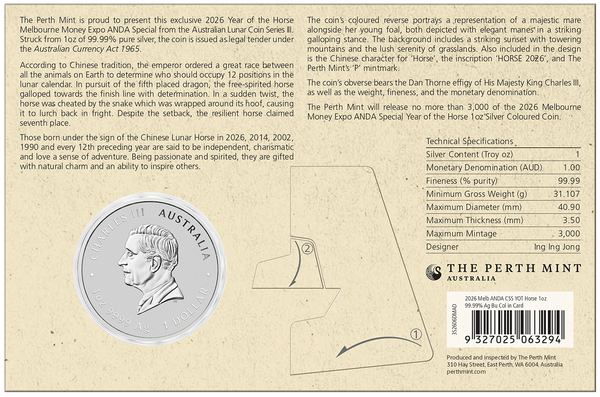 2026 1oz ANDA Melbourne Money Expo Year of the Horse 1oz Silver Coloured Coin in Card