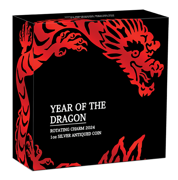 YEAR OF THE DRAGON ROTATING CHARM 2024 1OZ SILVER ANTIQUED COIN